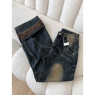 水泥灰加绒加厚微喇牛仔裤女2025新款秋冬高腰显瘦百搭马蹄喇叭裤