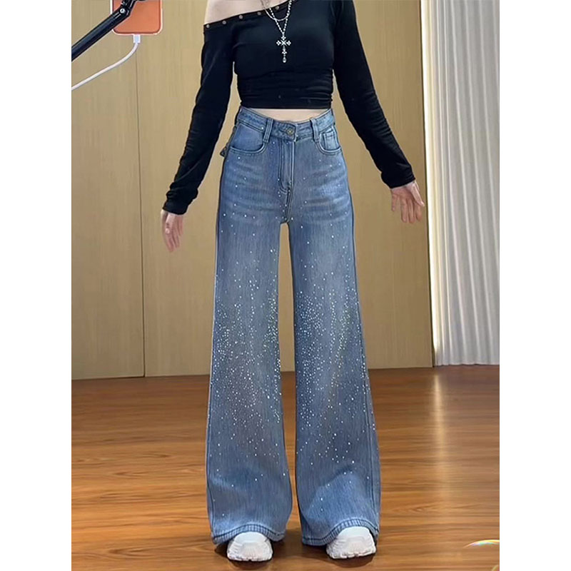 2026超火烫钻牛仔裤女春季新款梨型身材显瘦蓝色小个子高腰微喇裤图片