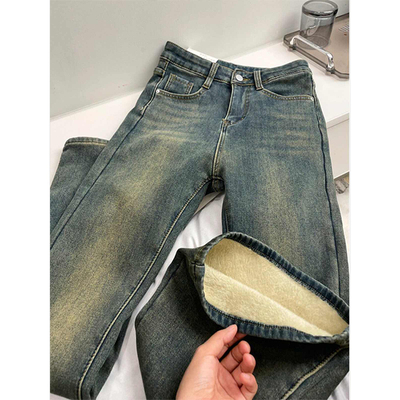 做旧加绒加厚高腰复古蓝水洗微喇叭牛仔裤女秋冬新款小个子马蹄裤