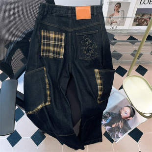 夏 女慵懒松弛感复古休闲阔腿直筒长裤 美式 格子拼接米奇弯刀牛仔裤