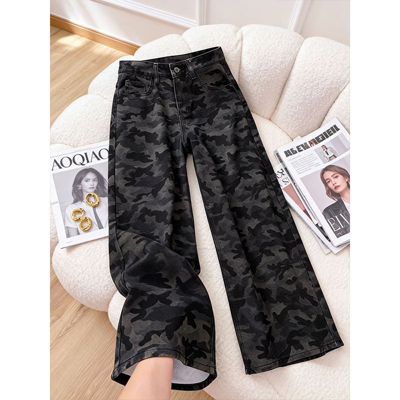 大码美式加绒加厚迷彩牛仔裤女秋冬胖mm高腰宽松直筒工装阔腿裤,女装/女士精品,牛仔裤,淘宝优惠券,粉丝福利购,淘宝优惠卷