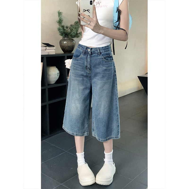 美式复古高街水洗直筒牛仔裤女夏季2026新款个性宽松高腰七分裤子图片