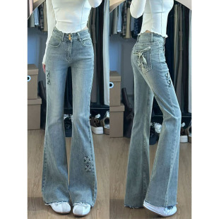 百搭显瘦蝴蝶结弹力马蹄喇叭裤 美式 新款 女冬季 子 复古蓝微喇牛仔裤