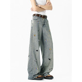 子 女春秋高街设计感潮牌宽松直筒阔腿裤 美式 腊肠狗刺绣弯刀牛仔裤