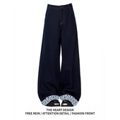 设计感拼接宽松阔腿裤 美式 新款 女春秋季 子 复古丹宁蓝色卷边牛仔裤