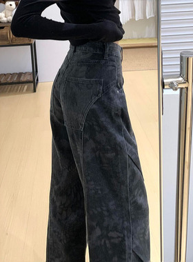 复古黑灰色印花牛仔裤女秋季新款胖妹妹mm宽松显瘦垂感阔腿弯刀裤