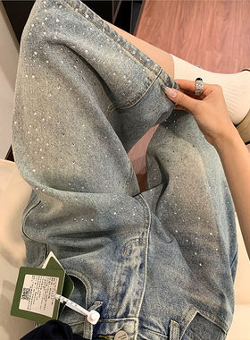满天星烫钻七分牛仔裤女夏季新款大码胖mm高腰宽松显瘦阔腿短裤