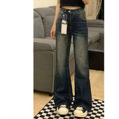 女2025春夏胖mm高腰显瘦直筒马蹄微喇叭裤 大码 复古弹力九分牛仔裤