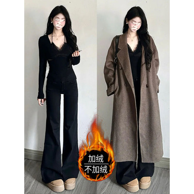 美式黑色加绒微喇牛仔裤女2025秋冬高腰显瘦小个子不贴腿喇叭裤子