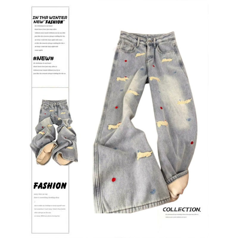 腊肠狗牛仔裤女2025春季新款浅蓝色刺绣高腰显瘦垂感直筒阔腿裤子