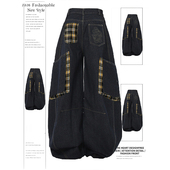 复古格子拼接弯刀牛仔裤 拖地裤 女春季 设计感宽松阔腿裤 子 新款 美式