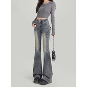 复古高腰微喇牛仔裤 长裤 女秋冬大码 蝴蝶结设计修身 胖mm新款 美式