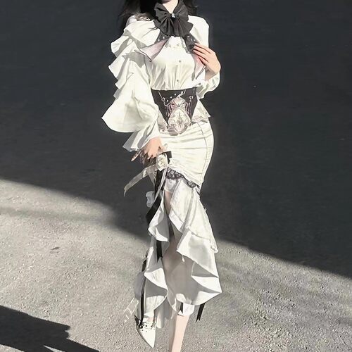 环星门白色哥特Lolita鱼尾礼服裙