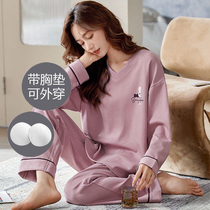 2023年新款睡衣女纯棉长袖大码全棉秋冬中年妈妈家居服套装带胸垫