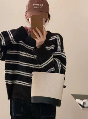 圆领韩版宽松条纹针织衫毛衣女