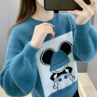 加绒加厚2025秋冬新款 毛衣女套头宽松圆领外穿上衣女 仿貂绒针织衫