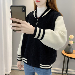 洋气拉链宽松拼色开衫 棒球服针织外套女春款 百搭时尚 2023年新款 装