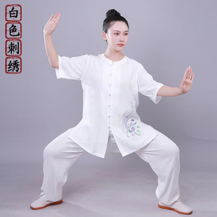 L太极服女夏季棉麻短袖八段锦武术服圆领亚麻刺绣休闲练功服新