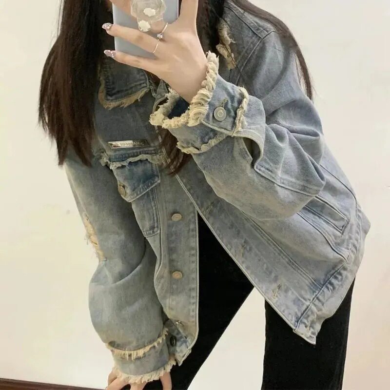 春秋复古毛边做旧破洞牛仔外套女大码胖mm休闲百搭工装夹克上衣冬