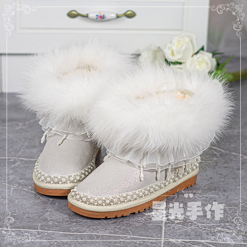 2023新款珍珠流苏雪地靴女欧洲站短筒加厚牛皮狐狸毛棉鞋
