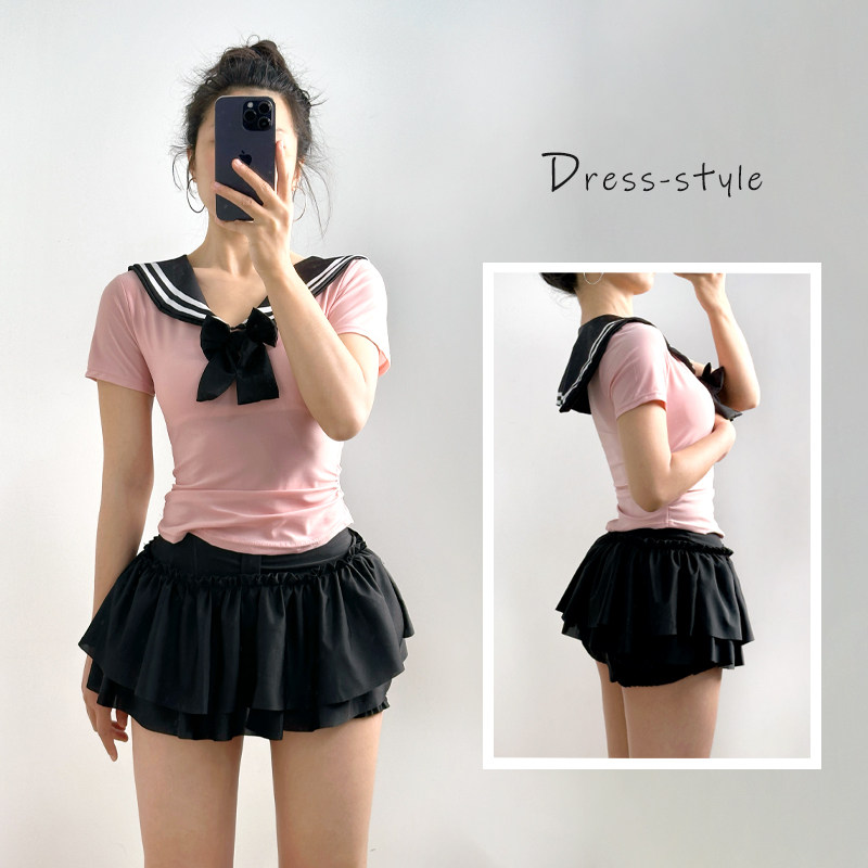 学生分体游泳衣女夏学院风海军领可爱减龄两件套保守显瘦温泉泳装