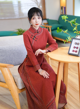 如意风秋季新款奥黛旗袍连衣裙女修身复古碎花连衣裙新中式24R601