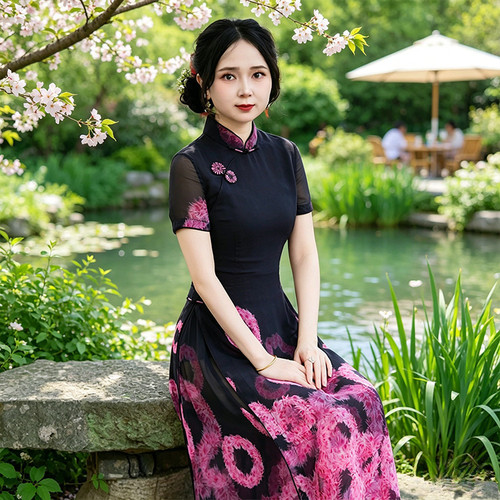 如意风新中式连衣裙修身收腰夏季新款漂亮长款奥黛改良旗袍26R203