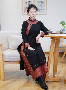 如意风新中式黑色国风连衣裙新款修身收腰漂亮长款奥黛旗袍26R652