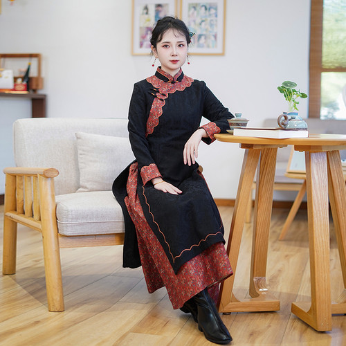 如意风新中式黑色国风连衣裙新款修身收腰漂亮长款奥黛旗袍26R652