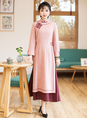 如意风奥黛旗袍中国风连衣裙女收腰显瘦民国复古气质日常裙23J178