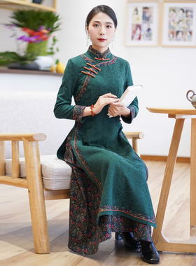 如意风旗袍冬季新款女绿色气质妈妈改良中式奥黛显瘦连衣裙23J286