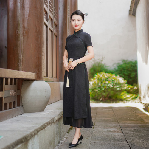 如意风夏季新款中国风奥黛旗袍连衣裙民国复古修身舒适裙子24R629
