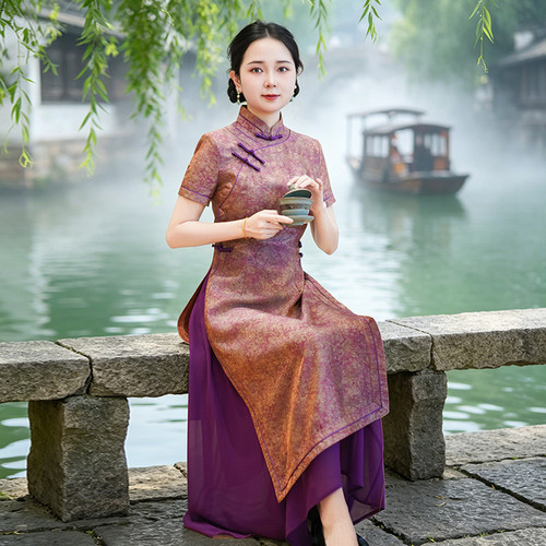 如意风夏季新款中国风奥黛改良旗袍连衣裙复古高级气质长裙26R707