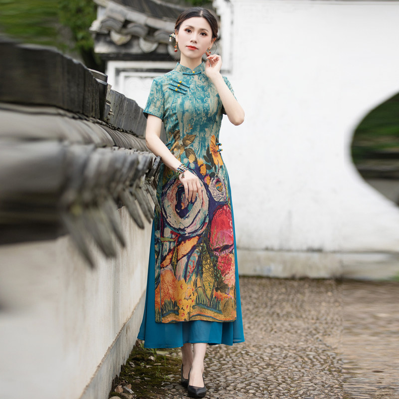 如意风改良旗袍奥黛连衣裙夏日新款中国风宴会时尚长款显瘦女装