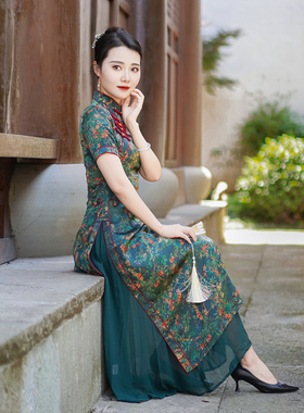 如意风夏季新款民国复古改良旗袍裙女新中式优雅中长款旗袍24F113