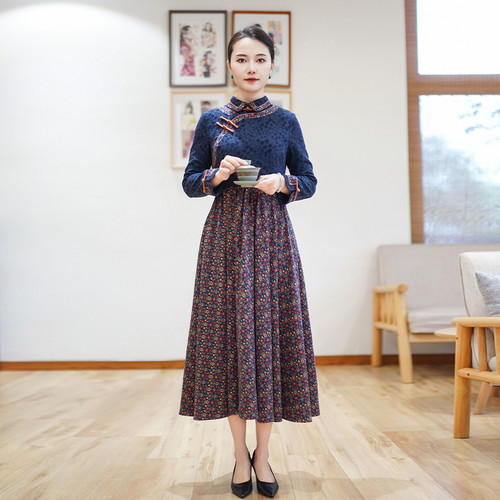 如意风冬季新款改良旗袍连衣裙女修身显瘦复古时尚中式裙子24R707