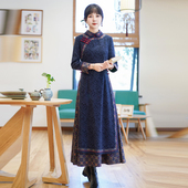 新款 如意风改良旗袍连衣裙长袖 冬季 越南奥黛立领盘扣连衣裙23J285