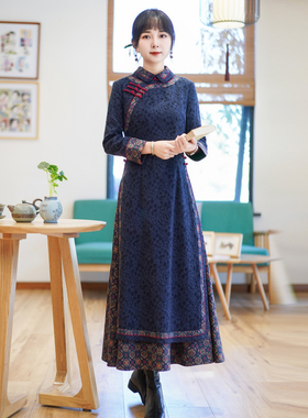 如意风改良旗袍连衣裙长袖冬季新款越南奥黛立领盘扣连衣裙23J285