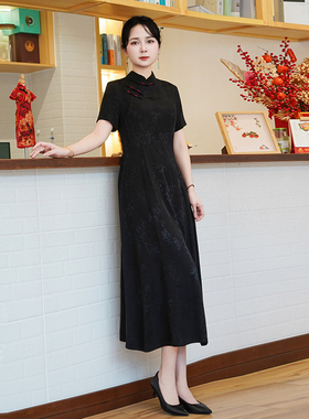 如意风夏季新款中国风黑色改良旗袍连衣裙复古高级气质长裙25R693