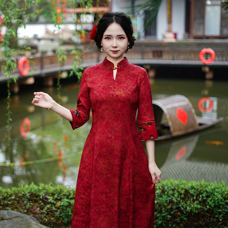 如意风新中式修身改良旗袍红色连衣裙夏季新款日常可穿国风长裙