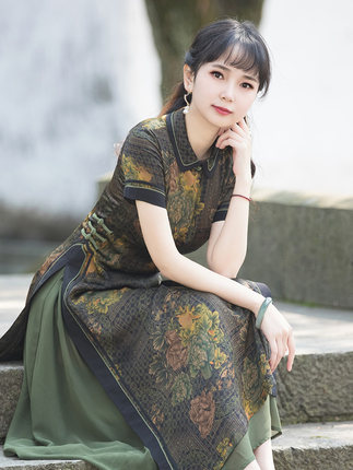 夏季奥黛旗袍女改良版连衣裙年轻气质长款中年妈妈日常复古中国风