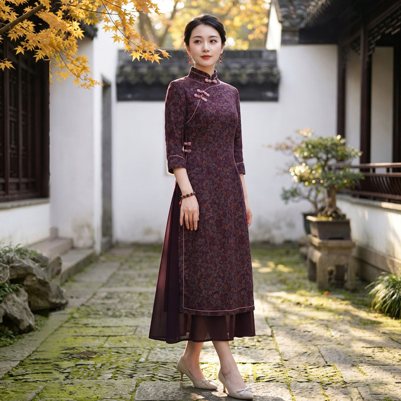 如意风202秋季新款中国风改良奥黛旗袍收腰显瘦气质连衣裙26R745