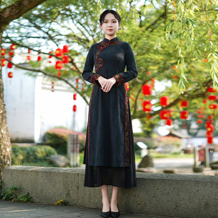 如意风秋季新款中国风高级改良旗袍长裙显瘦气质奥黛连衣裙25R647