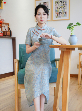 如意风夏季新款蓝色修身复古时尚中式国风显瘦改良旗袍裙子25R687