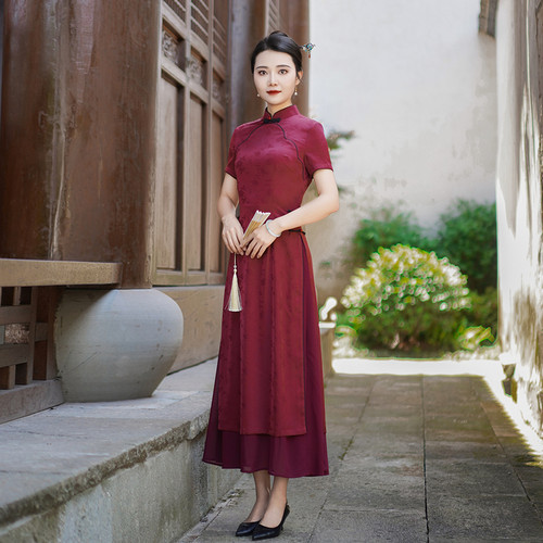 如意风奥黛旗袍中国风连衣裙收腰显瘦长款民国复古气质裙子24R628