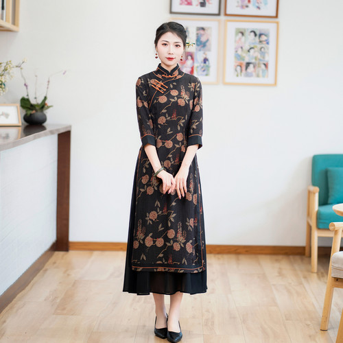 如意风中国风女装中式旗袍连衣裙收腰显瘦长款复古气质裙子24R506
