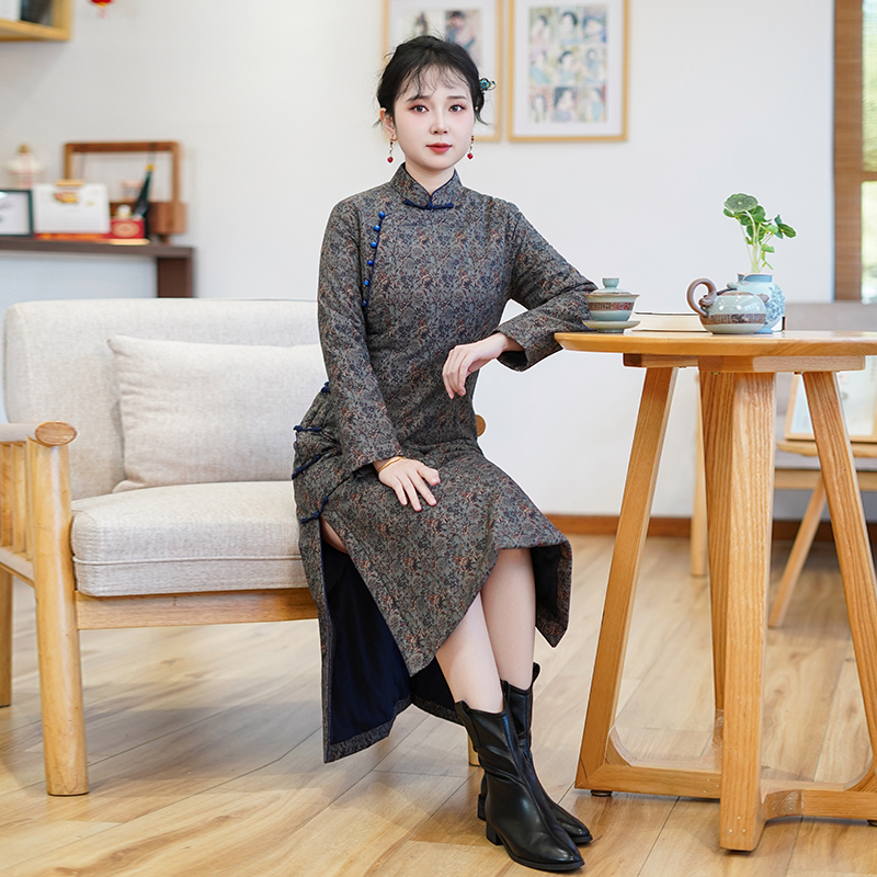 如意风冬季新款新中式加厚改良旗袍收腰显瘦气质中国风长裙25R996