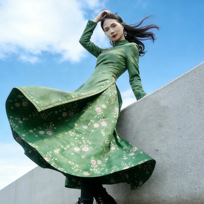 如意风中国风新款奥黛旗袍高级收腰显瘦气质女士长款连衣裙26R009