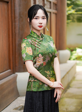 如意风夏季新款新中式国风绿色上衣民国复古年轻款唐装短袖25J242