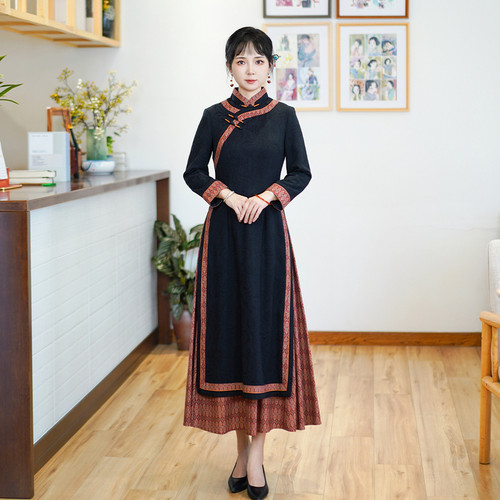 如意风冬季新款国风奥黛旗袍连衣裙民国复古修身舒适裙子女24J223